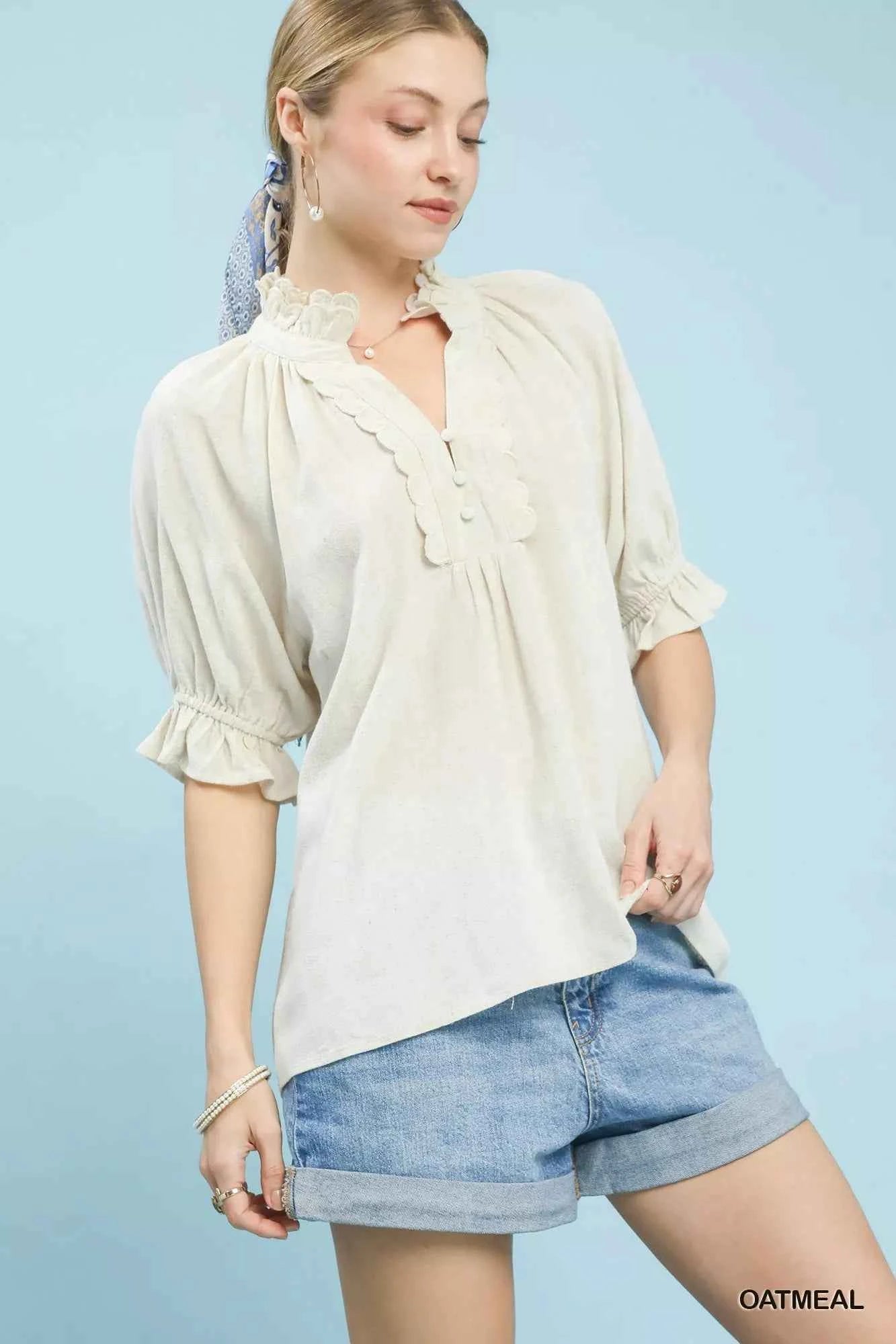 Oatmeal Linen Scalloped Ruffle Neck Blouse by Umgee
