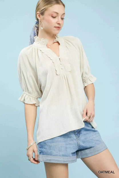 Oatmeal Linen Scalloped Ruffle Neck Blouse by Umgee
