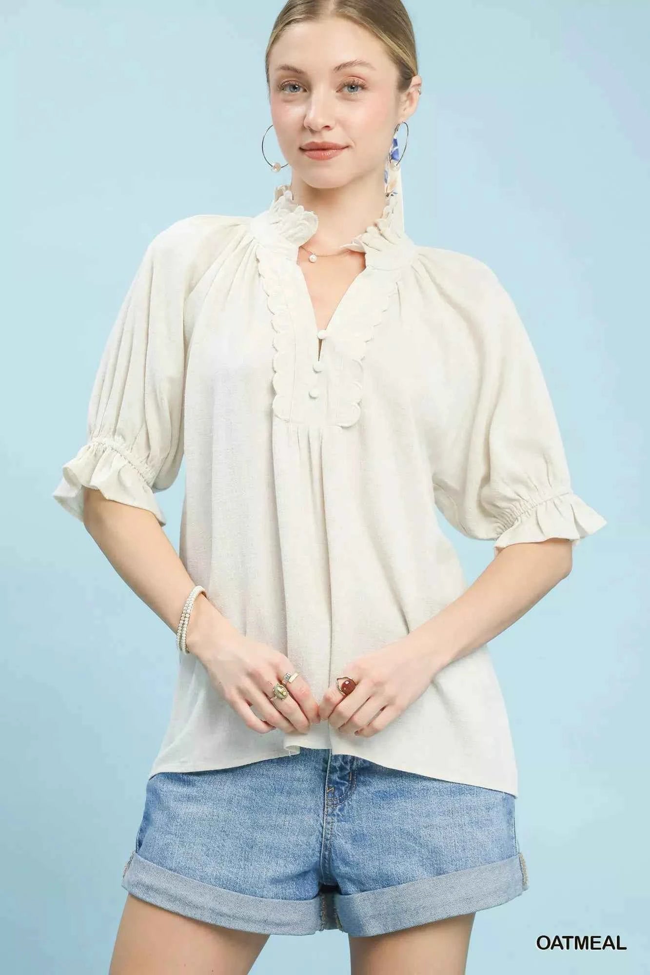 Oatmeal Linen Scalloped Ruffle Neck Blouse by Umgee