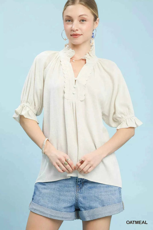 Oatmeal Linen Scalloped Ruffle Neck Blouse by Umgee