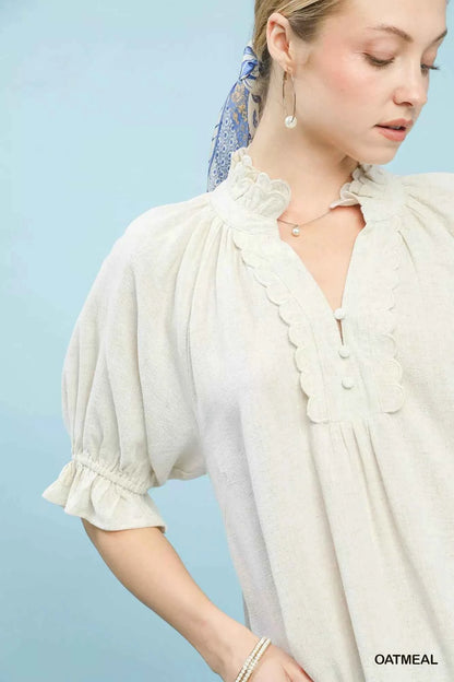 Oatmeal Linen Scalloped Ruffle Neck Blouse by Umgee