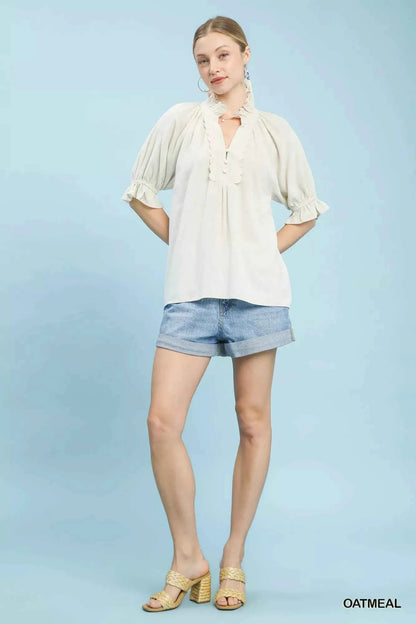 Oatmeal Linen Scalloped Ruffle Neck Blouse by Umgee