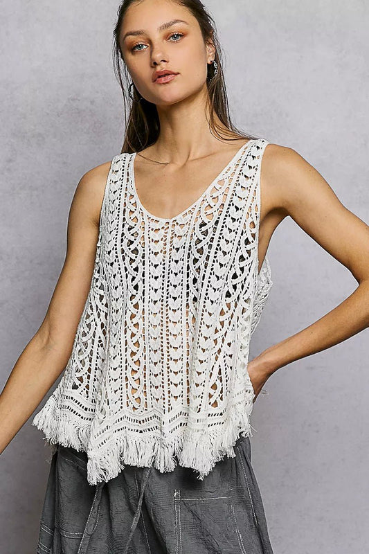 Off White Crochet Fringe Hem Tank Top - What Lala Loves