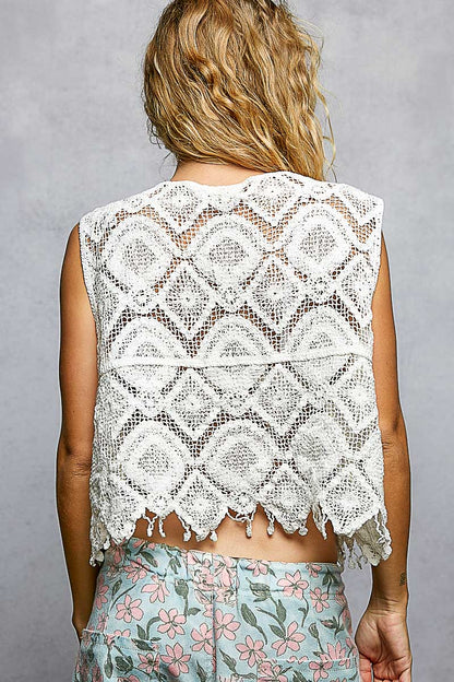 Off White Geometric Crochet Cropped Vest Scalloped Edge Fringe Trim by POL Back View