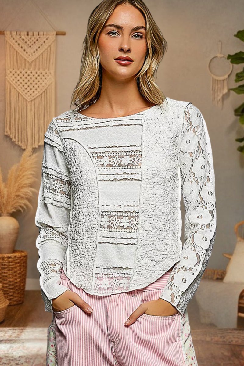 Off White Round Neck Long Sleeve Exposed Seam Top with Lace Detail by POL Front View