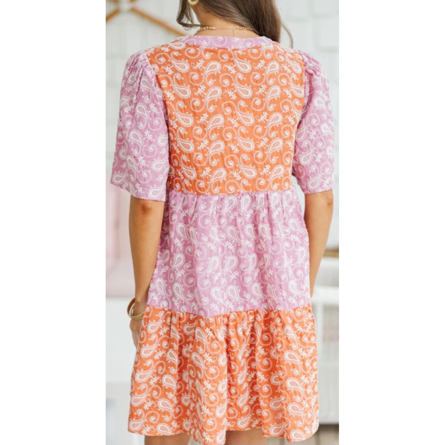 Voy Paisley Colorblock Boho Cotton Tiered Dress~V-Neck/Puff Sleeves~SMALL