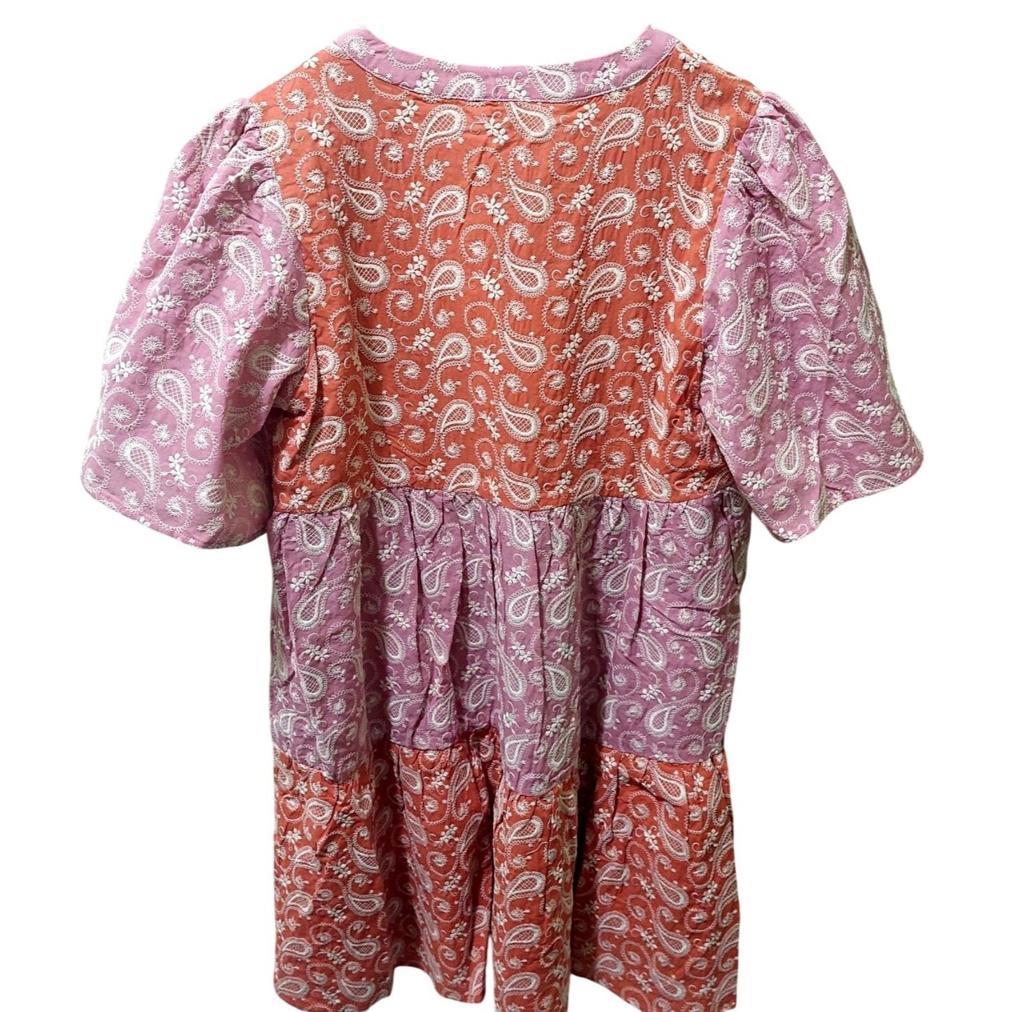 Voy Paisley Colorblock Boho Cotton Tiered Dress~V-Neck/Puff Sleeves~SMALL