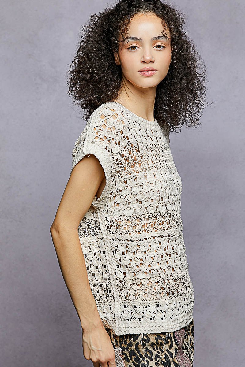 Openwork Round Neck Crochet Top In Natural by POL Side View