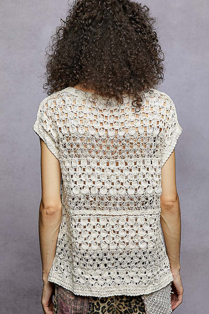 Openwork Round Neck Crochet Top In Natural by POL Back view