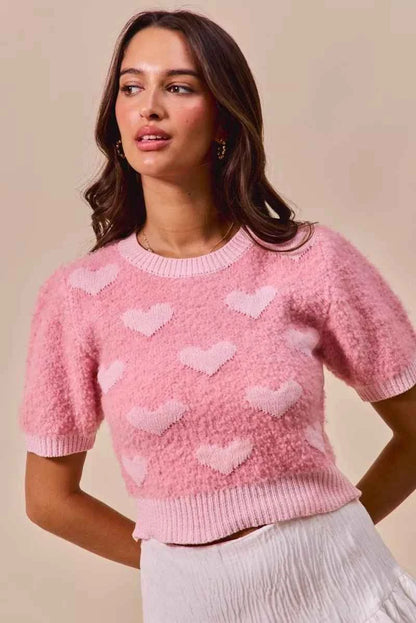 Pink All Over Heart Valentine Cropped Sweater Top by BiBi