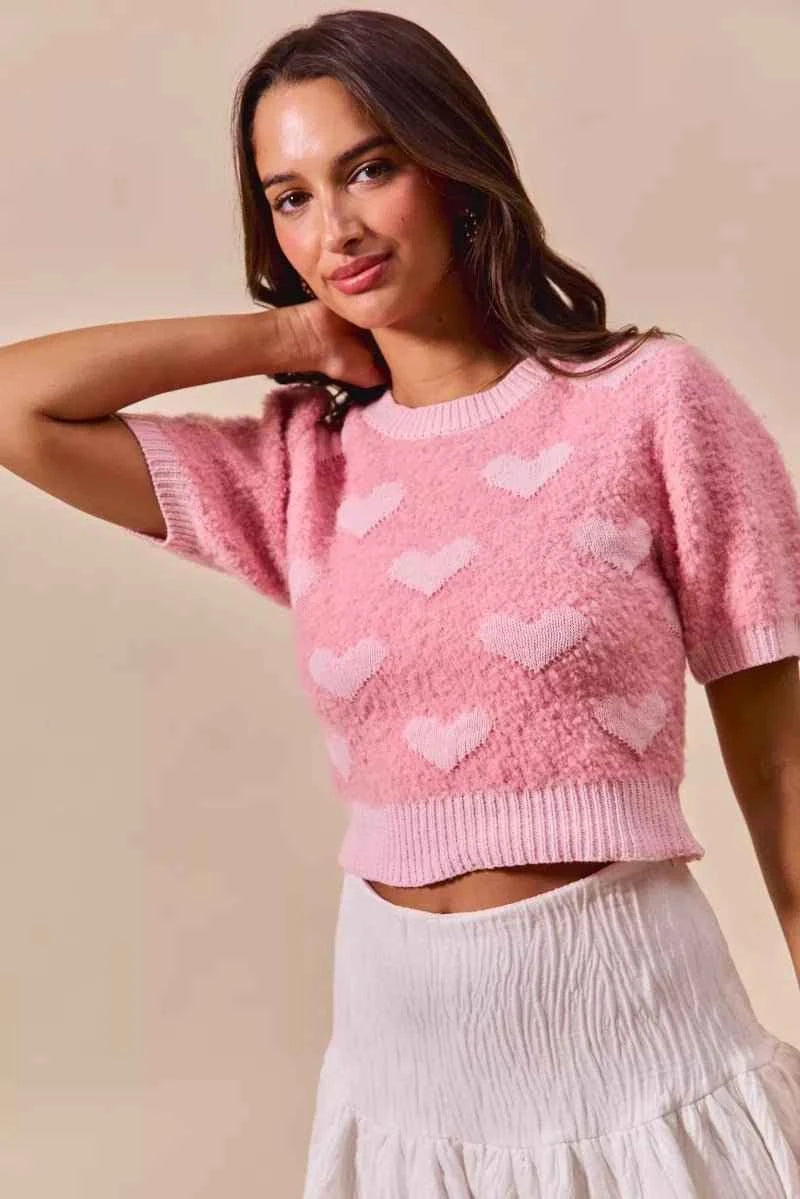 Pink All Over Heart Valentine Cropped Sweater Top by BiBi