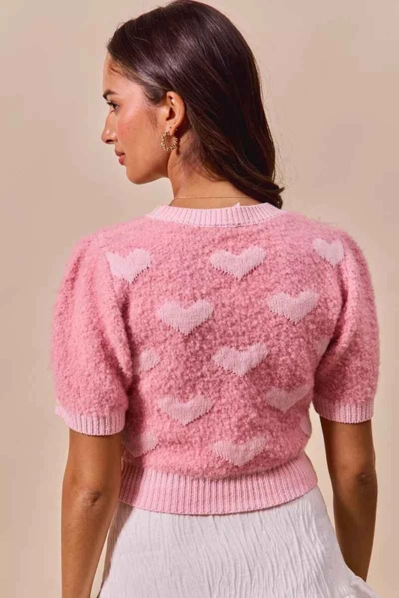Pink All Over Heart Valentine Cropped Sweater Top by BiBi