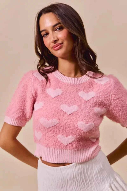 Pink All Over Heart Valentine Cropped Sweater Top by BiBi