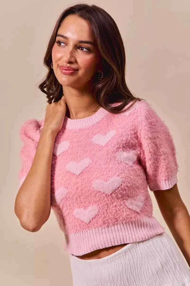 Pink All Over Heart Valentine Cropped Sweater Top by BiBi