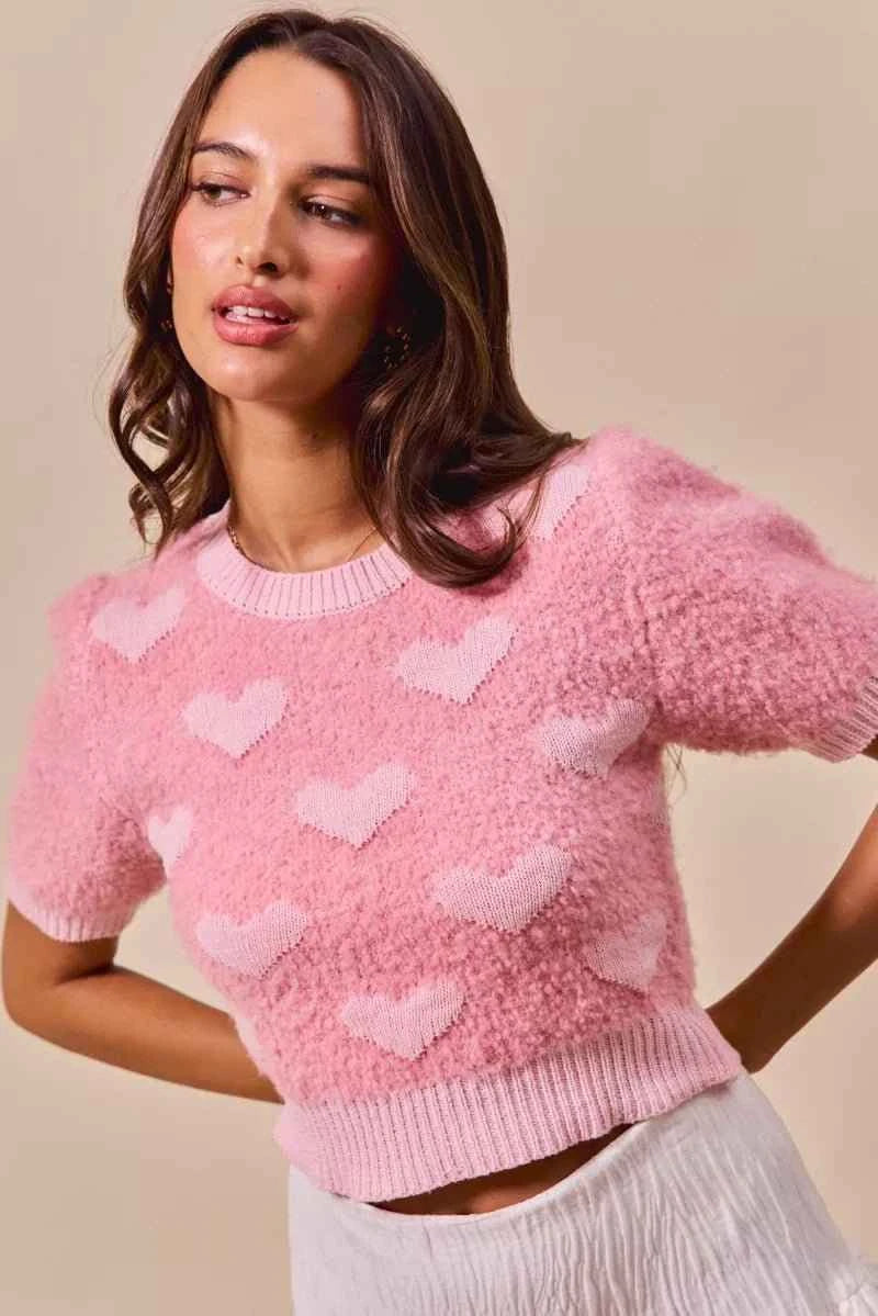 Pink All Over Heart Valentine Cropped Sweater Top by BiBi