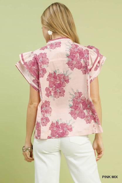 Pink Mix Floral Ruffle Sleeve Blouse by Umgee Back View