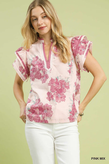 Pink Mix Floral Ruffle Sleeve Blouse by Umgee Front View