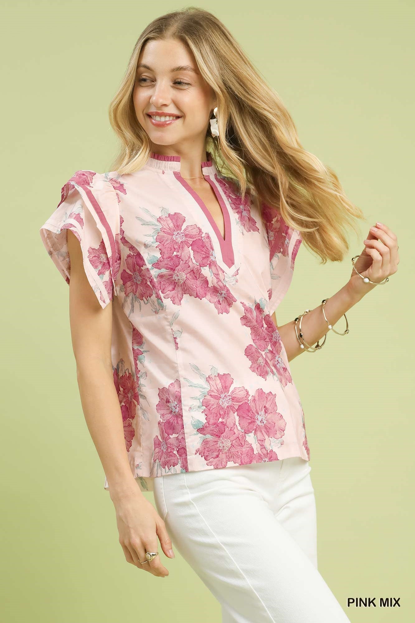 Pink Mix Floral Ruffle Sleeve Blouse by Umgee Side View