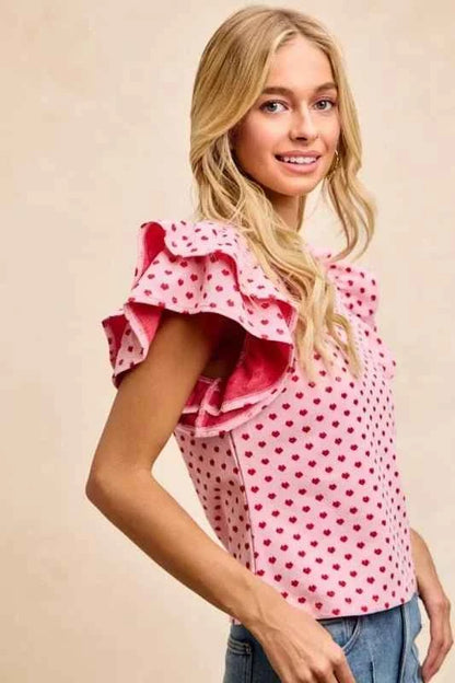 Pink/Red Heart Patterned Knit Ruffled Sleeves Top by BiBi