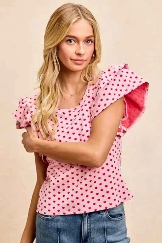 Pink/Red Heart Patterned Knit Ruffled Sleeves Top by BiBi