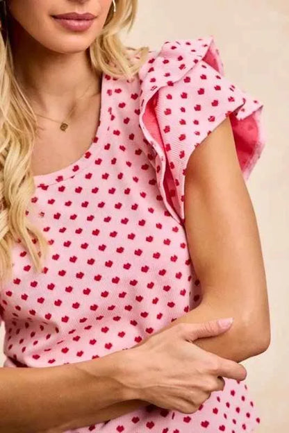 Pink/Red Heart Patterned Knit Ruffled Sleeves Top by BiBi