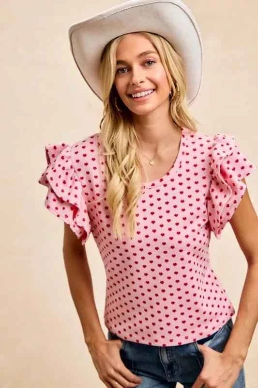 Pink/Red Heart Patterned Knit Ruffled Sleeves Top by BiBi