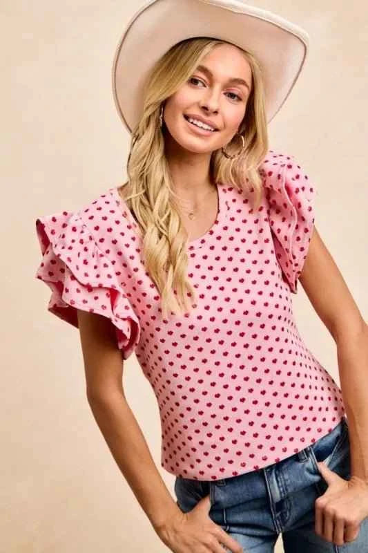 Pink/Red Heart Patterned Knit Ruffled Sleeves Top by BiBi