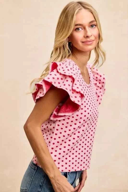 Pink/Red Heart Patterned Knit Ruffled Sleeves Top by BiBi