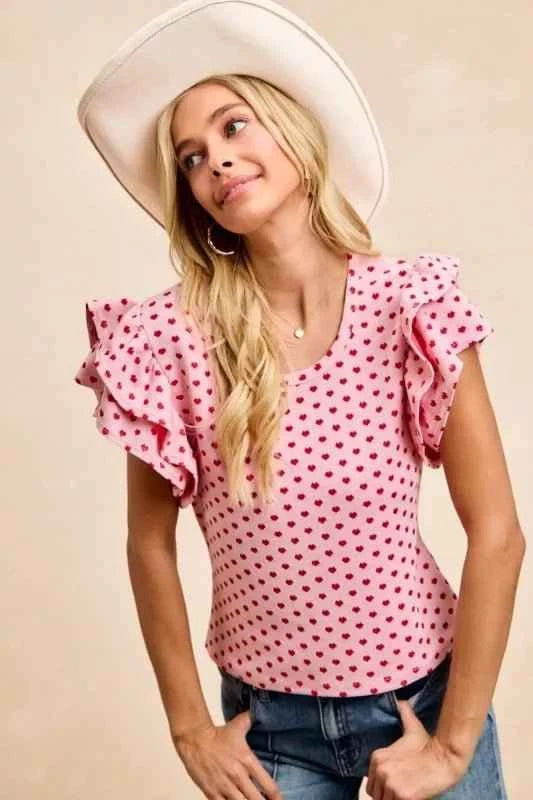 Pink/Red Heart Patterned Knit Ruffled Sleeves Top by BiBi