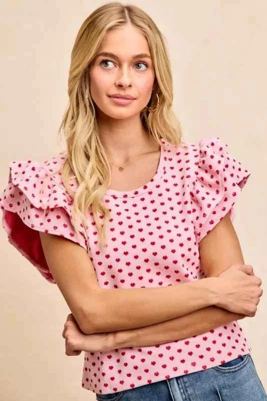 Pink/Red Heart Patterned Knit Ruffled Sleeves Top by BiBi