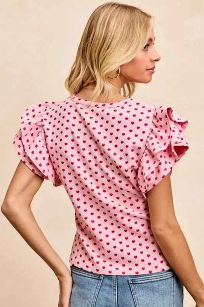 Pink/Red Heart Patterned Knit Ruffled Sleeves Top by BiBi