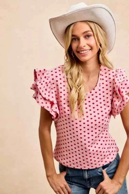 Pink/Red Heart Patterned Knit Ruffled Sleeves Top by BiBi