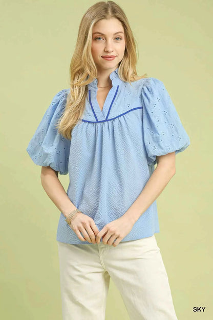Puff Sleeve Eyelet Mix Top with Contrast Piping