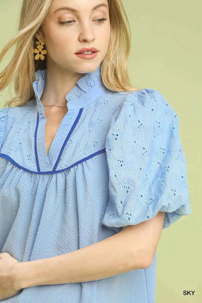 Puff Sleeve Eyelet Mix Top with Contrast Piping