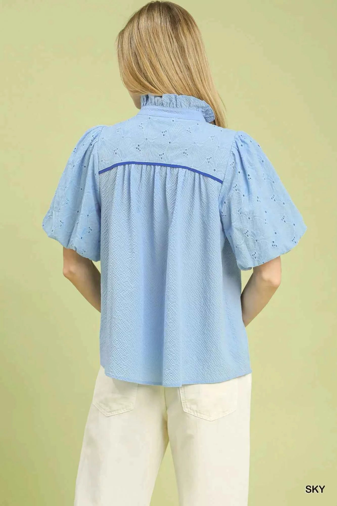 Puff Sleeve Eyelet Mix Top with Contrast Piping