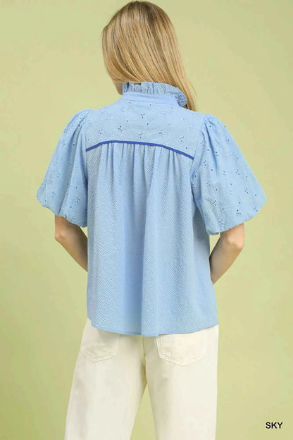 Puff Sleeve Eyelet Mix Top with Contrast Piping