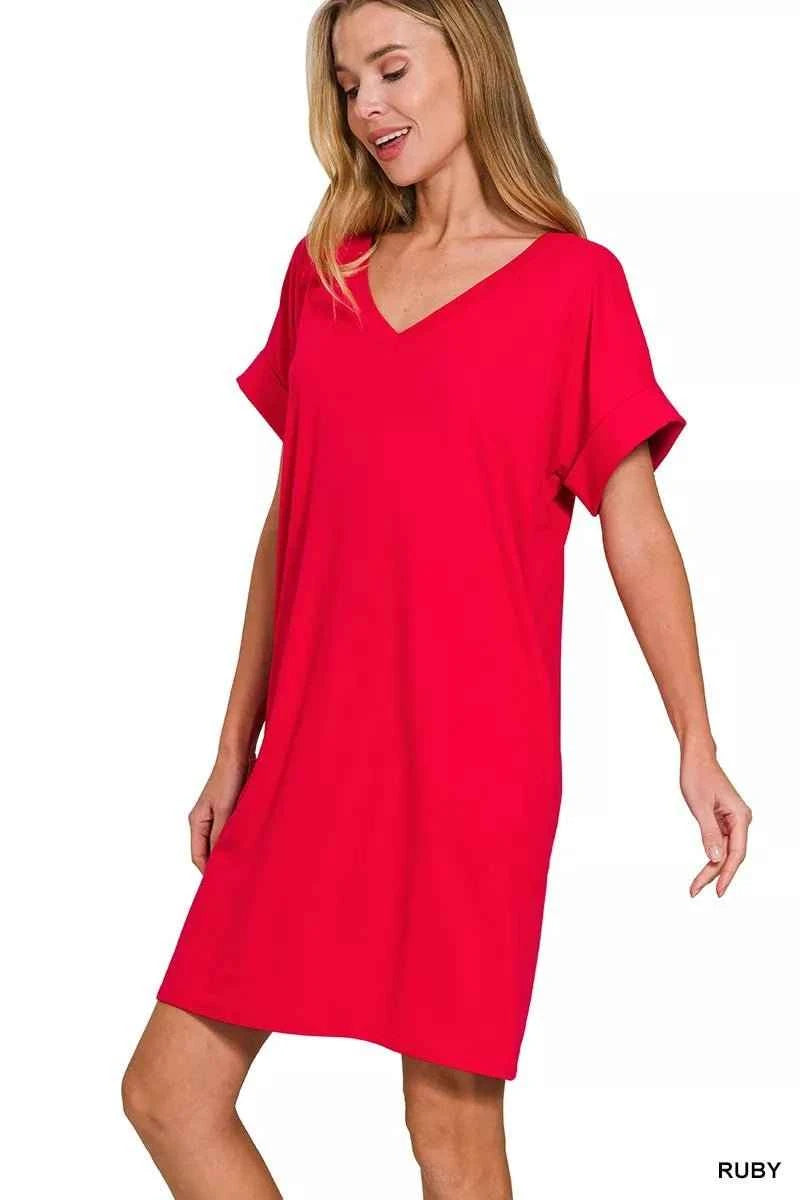 Red Brushed Dty Rolled Short Sleeve V-Neck Dress by Zenana