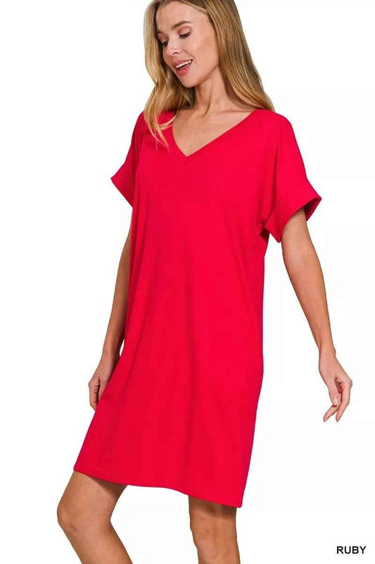 Red Brushed Dty Rolled Short Sleeve V-Neck Dress by Zenana