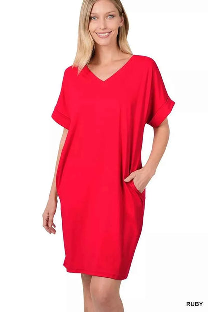 Red Brushed Dty Rolled Short Sleeve V-Neck Dress by Zenana