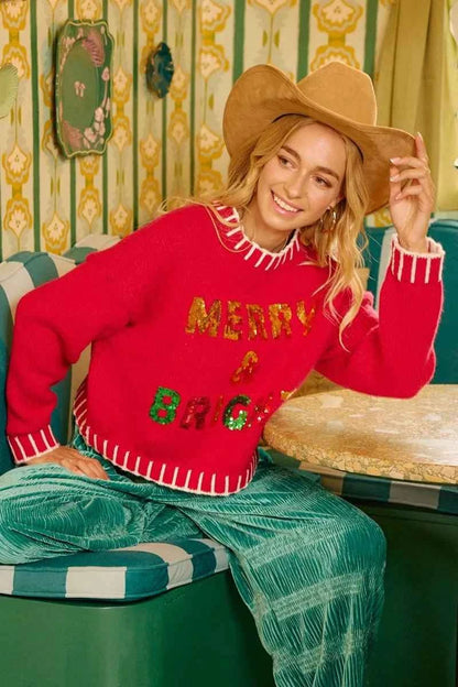 Red Christmas Theme Sequin Lettering Sweater by BiBi