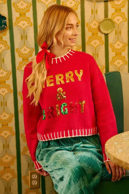 Red Christmas Theme Sequin Lettering Sweater by BiBi