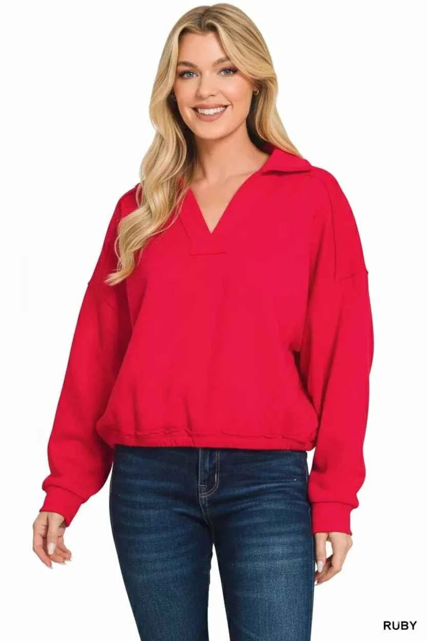 Red French Terry Collared Exposed Seam Sweatshirt