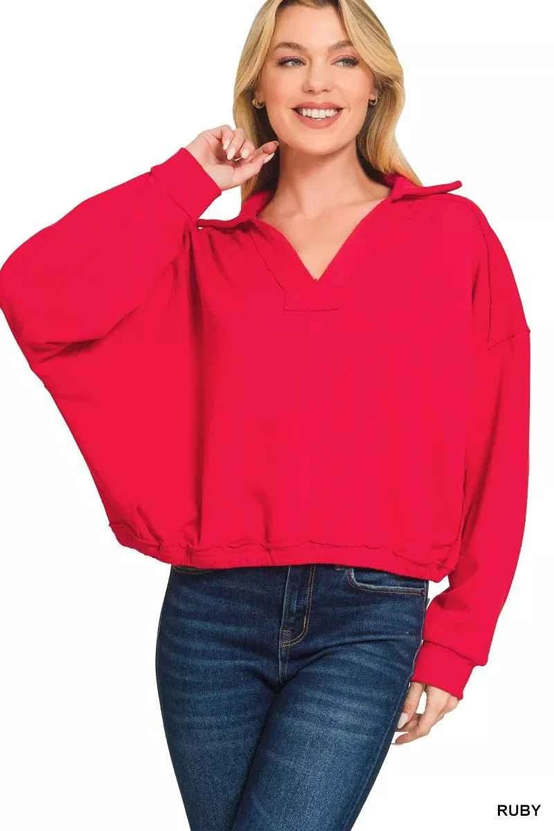 Red French Terry Collared Exposed Seam Sweatshirt