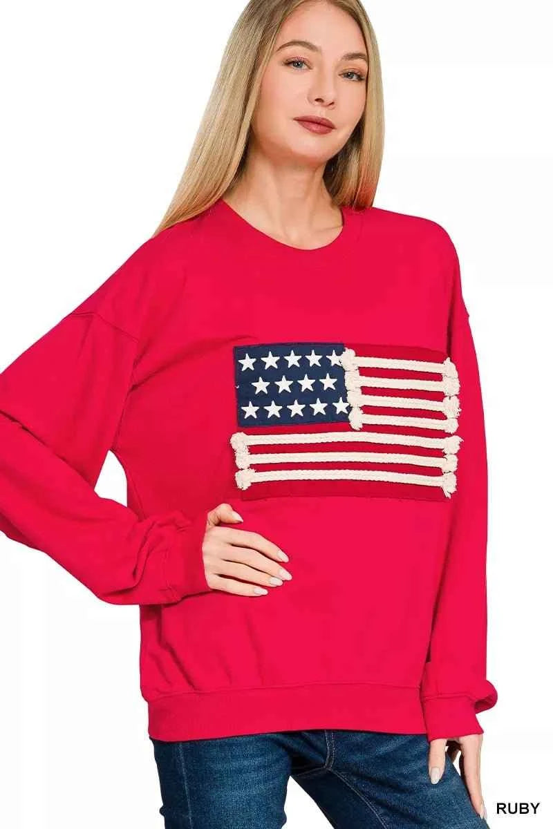 Ruby Red French Terry American Flag Pullover by Zenana