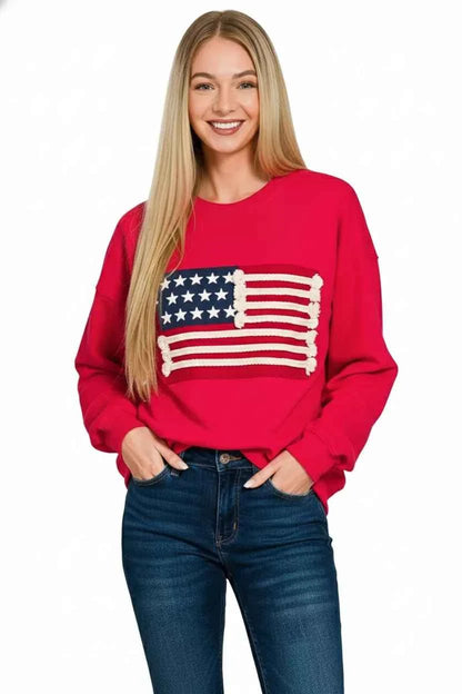 Ruby Red French Terry American Flag Pullover by Zenana