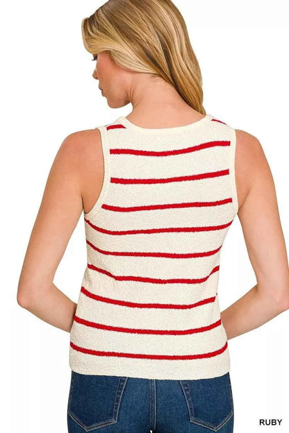 Ruby Red Round Neck Stripe Knit Tank Top