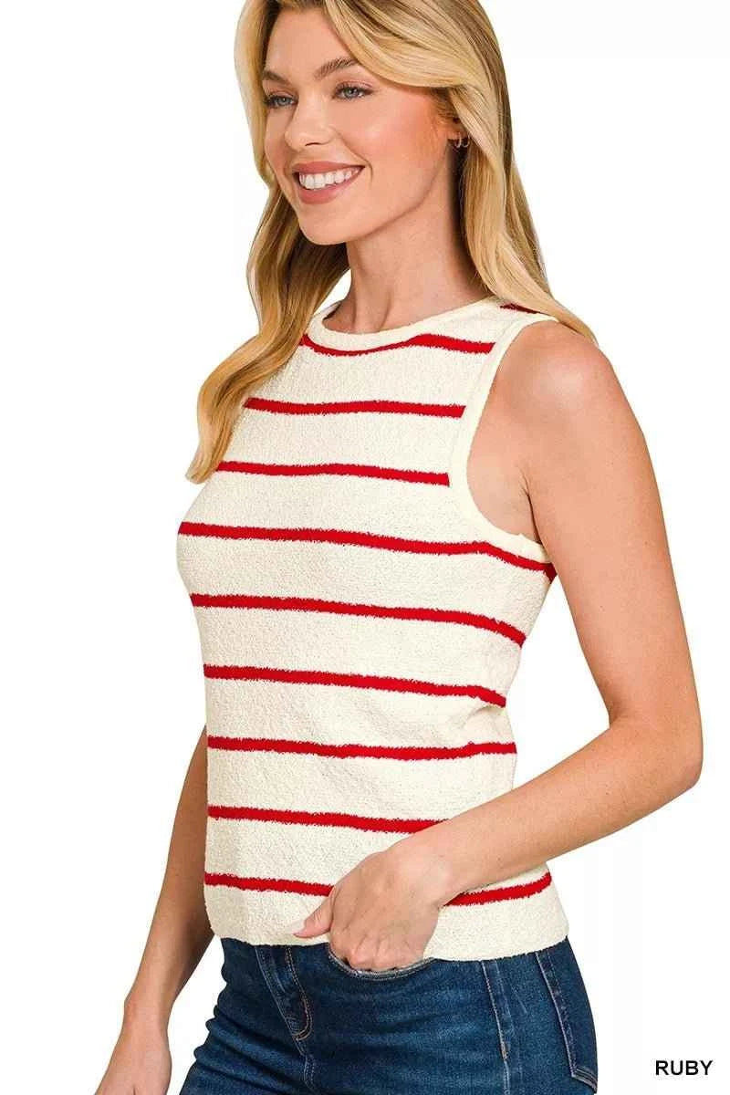 Ruby Red Round Neck Stripe Knit Tank Top