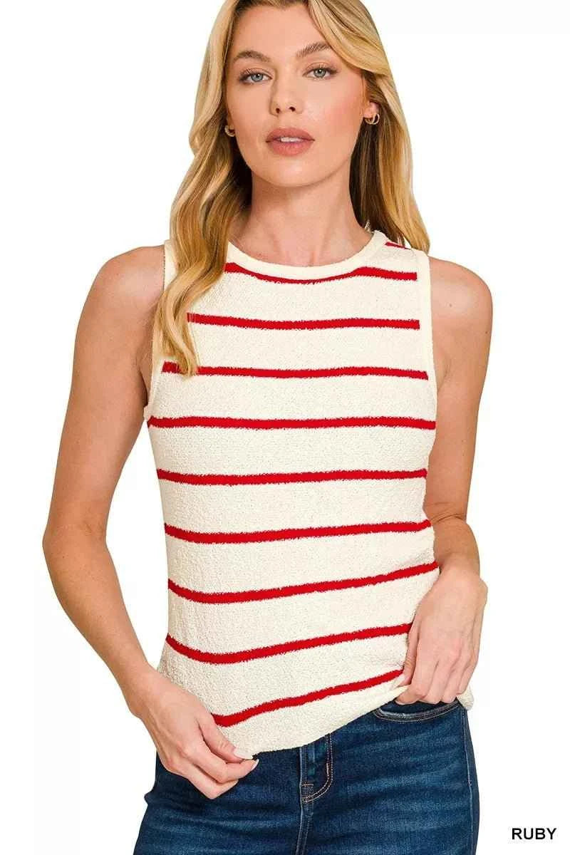 Ruby Red Round Neck Stripe Knit Tank Top