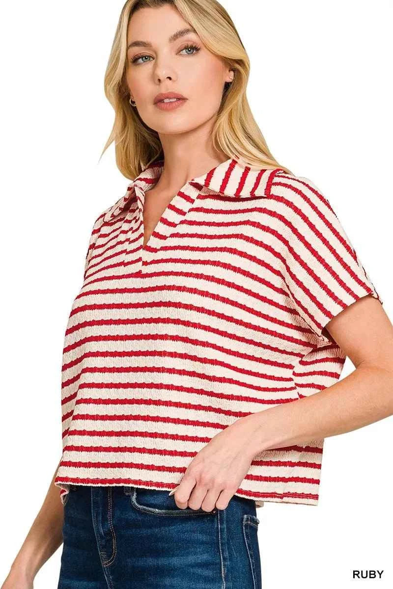 Ruby Red Striped Split Neck Collared Top by Zenana