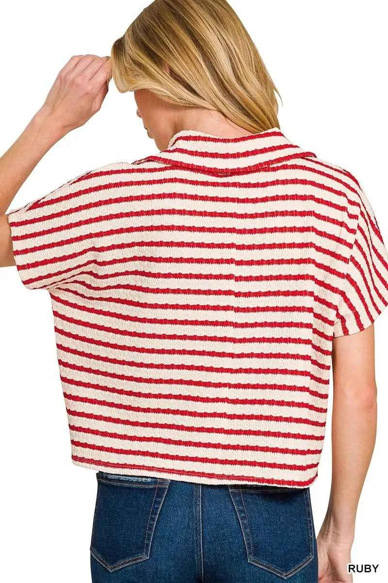 Ruby Red Striped Split Neck Collared Top by Zenana